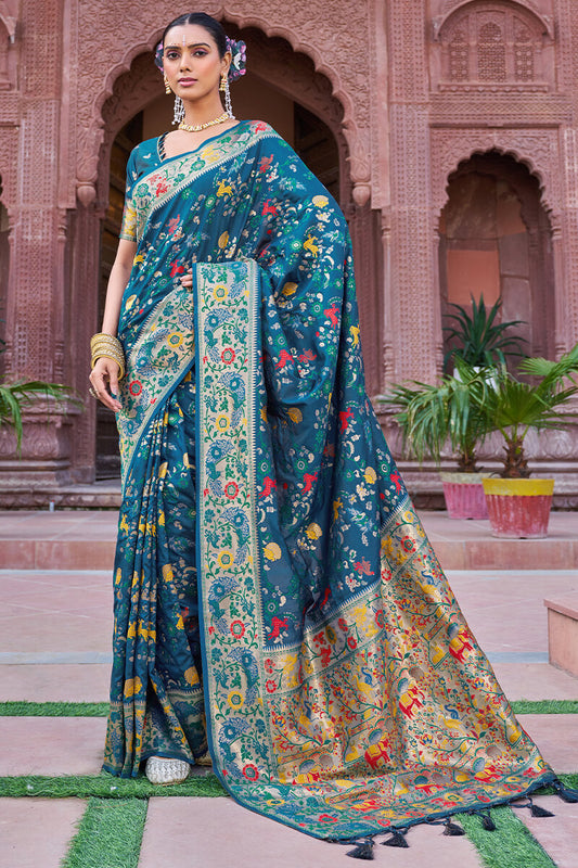 Ephemeral Rama Paithani Silk Saree With Rhapsody Blouse Piece
