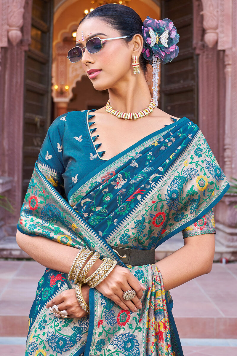 Ephemeral Rama Paithani Silk Saree With Rhapsody Blouse Piece