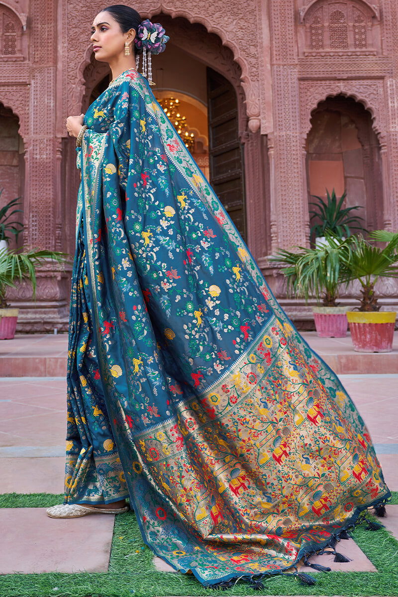 Ephemeral Rama Paithani Silk Saree With Rhapsody Blouse Piece