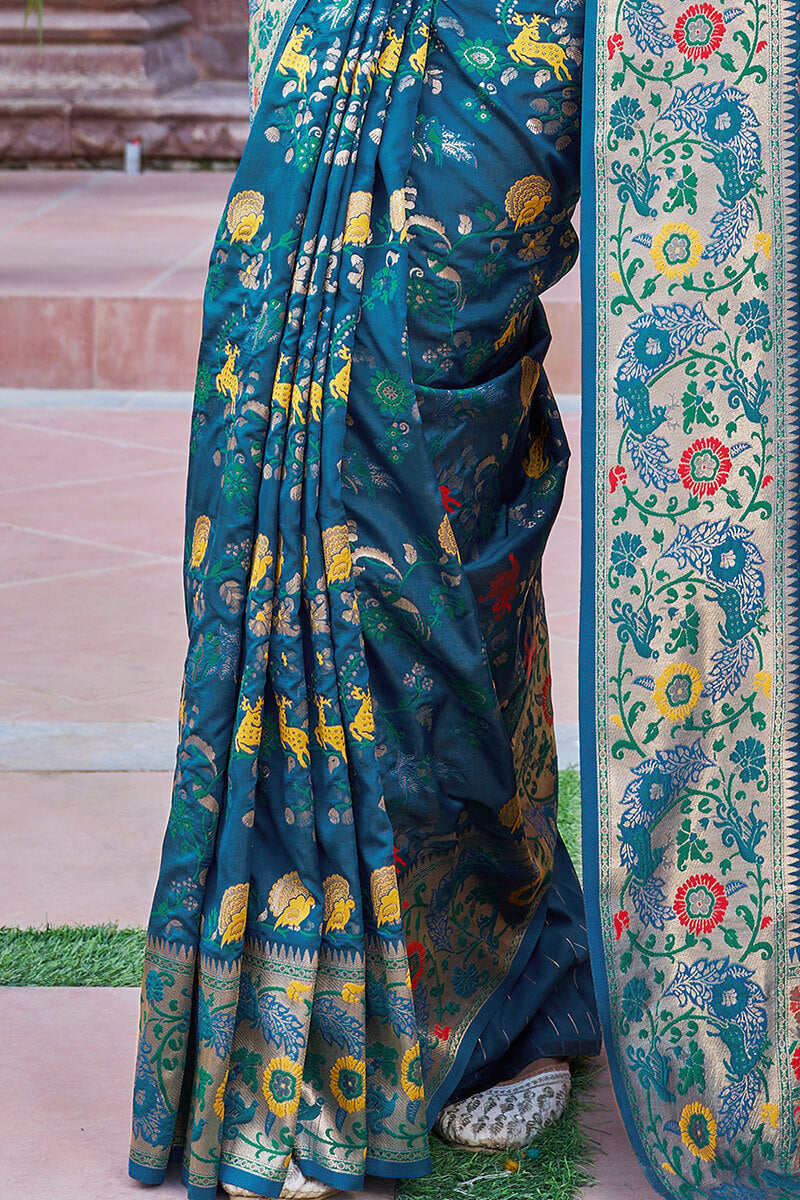 Ephemeral Rama Paithani Silk Saree With Rhapsody Blouse Piece