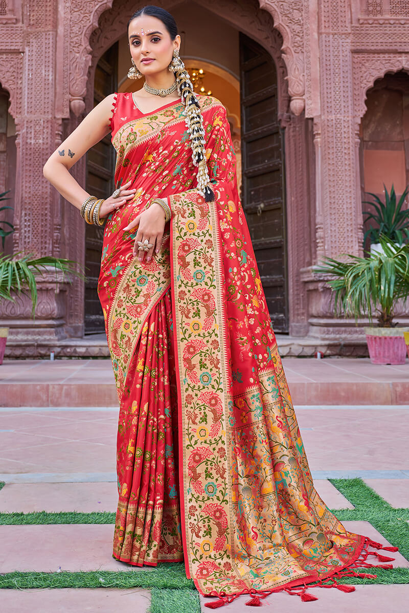 Amazing Red Paithani Silk Saree With Sonorous Blouse Piece