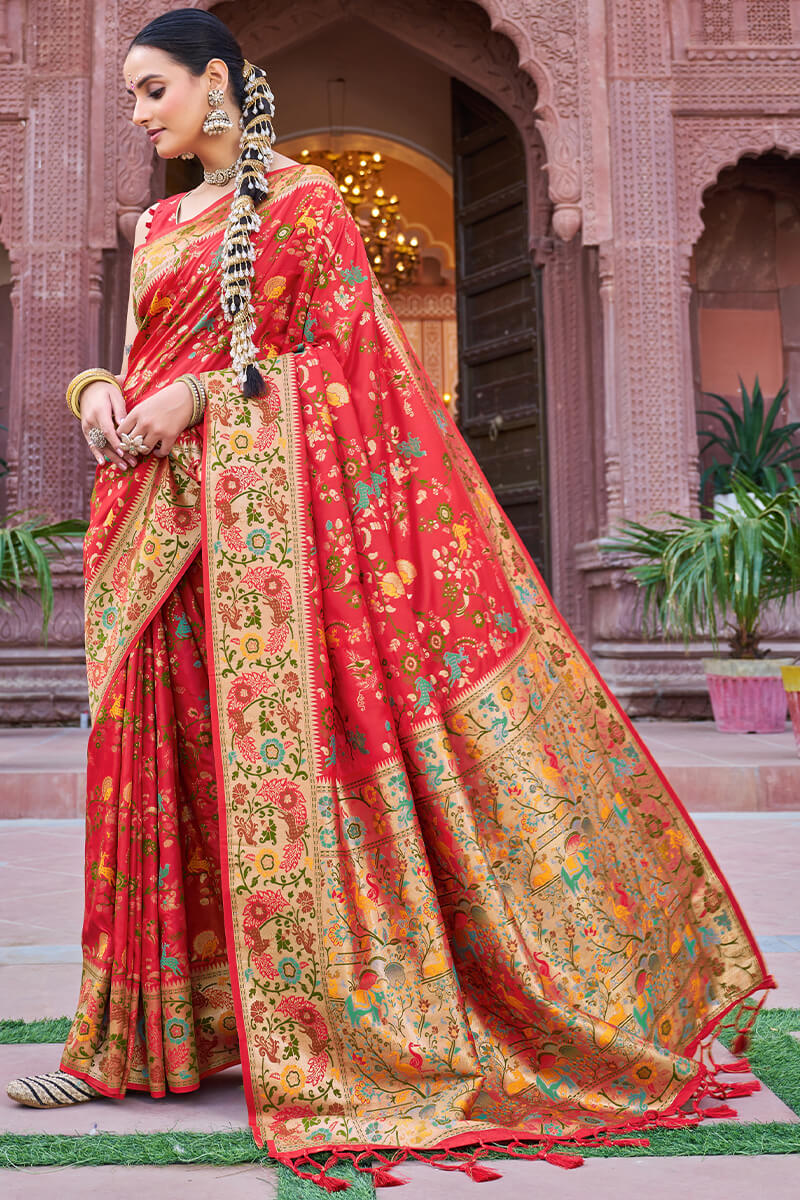 Amazing Red Paithani Silk Saree With Sonorous Blouse Piece