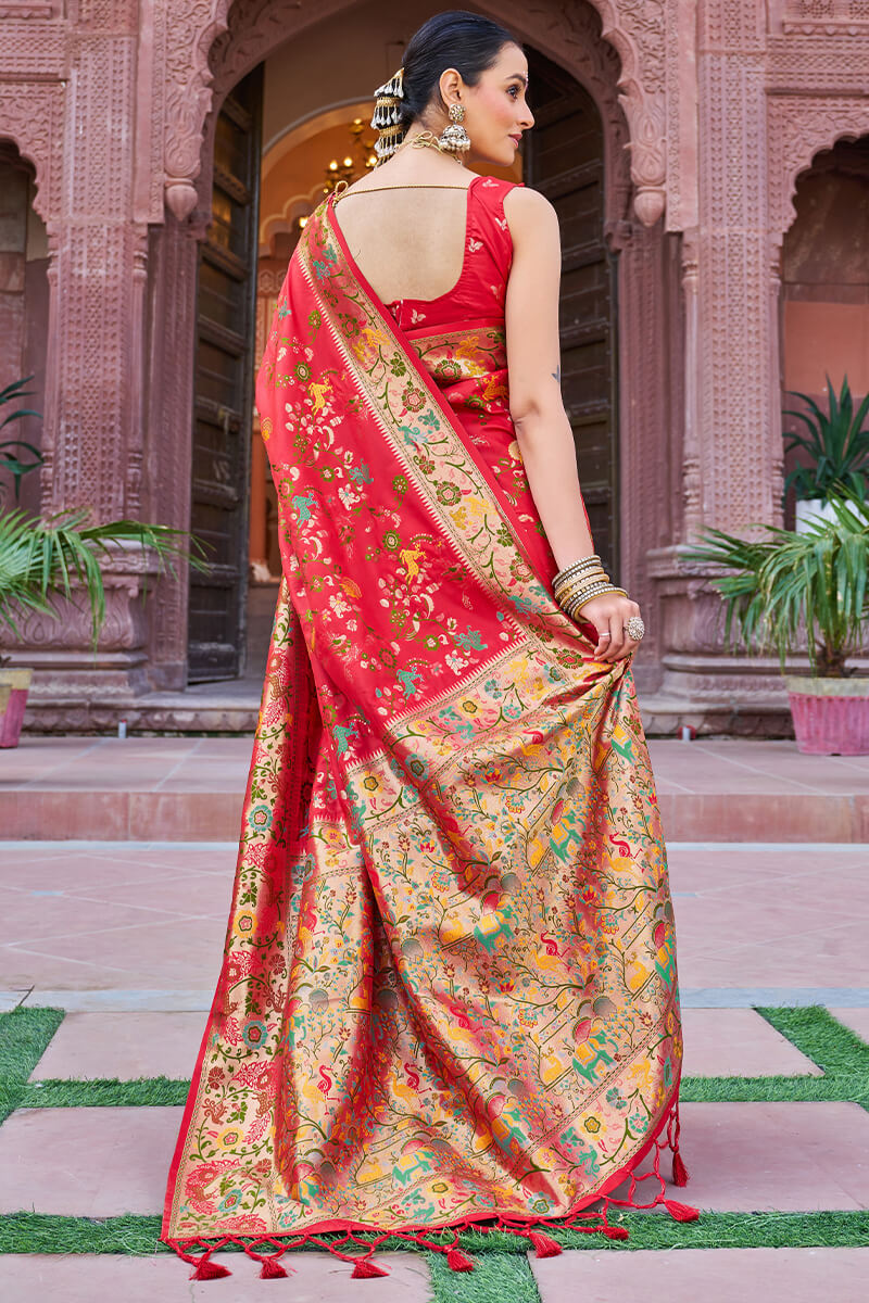 Amazing Red Paithani Silk Saree With Sonorous Blouse Piece