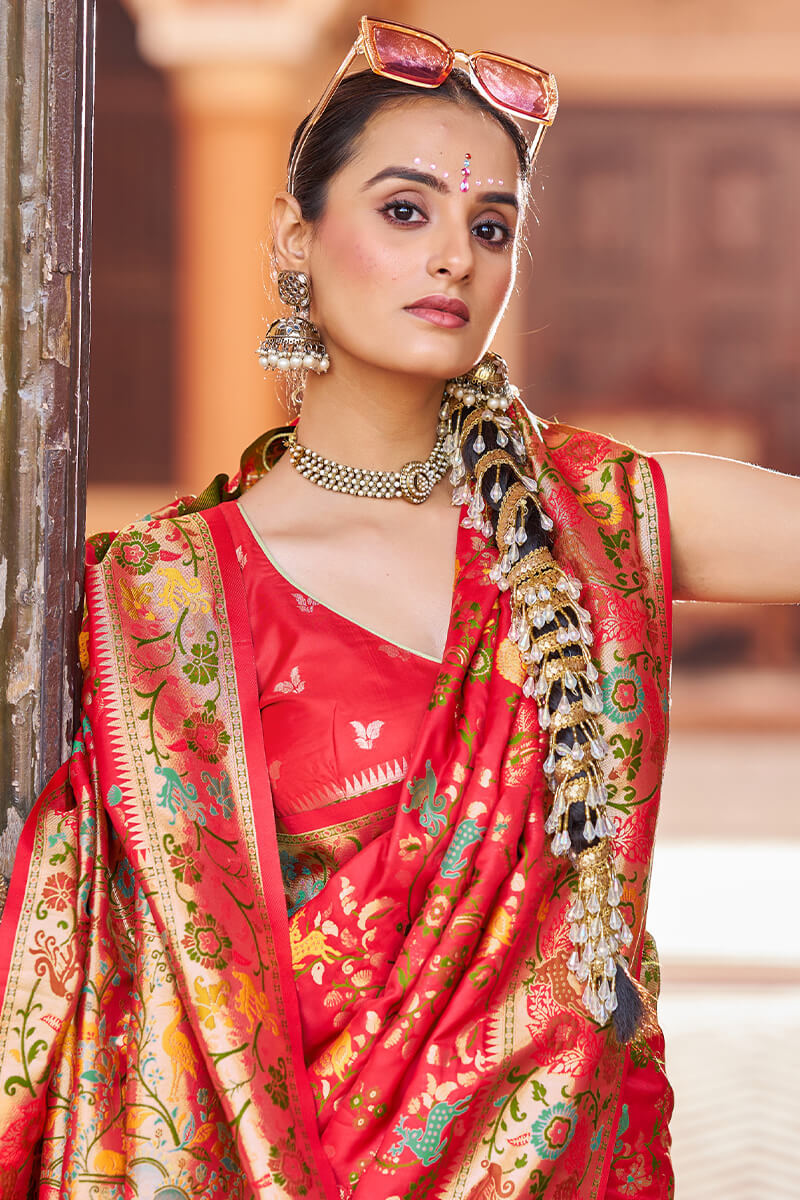 Amazing Red Paithani Silk Saree With Sonorous Blouse Piece