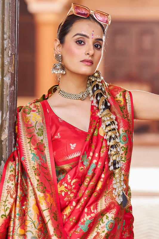 Amazing Red Paithani Silk Saree With Sonorous Blouse Piece
