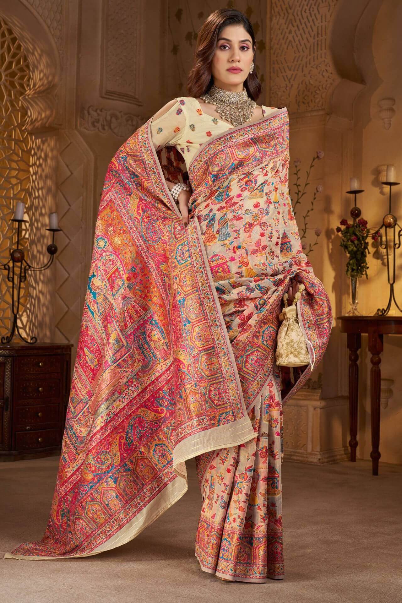 Resplendent Beige Pashmina Saree With Ethereal Blouse Piece