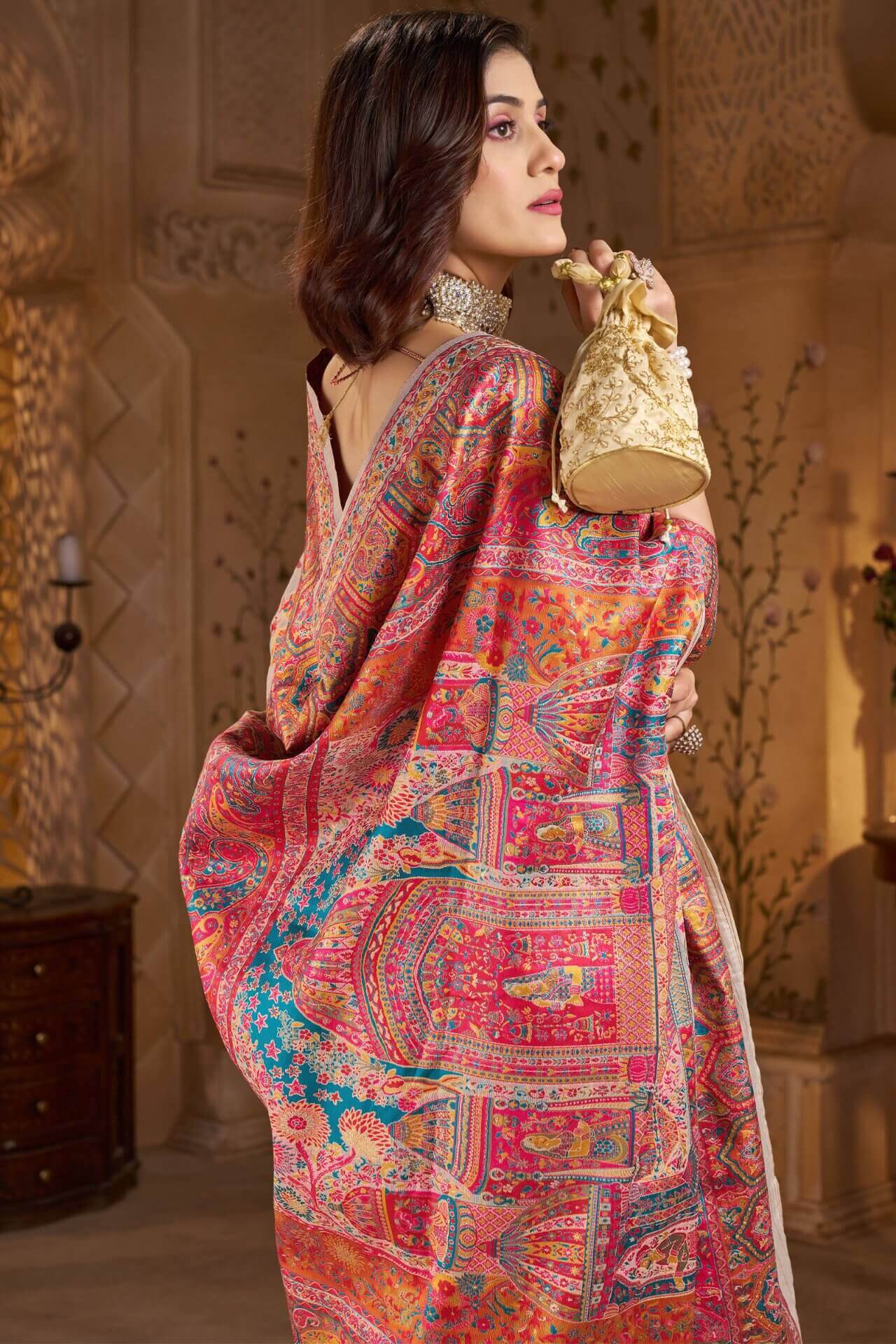 Resplendent Beige Pashmina Saree With Ethereal Blouse Piece