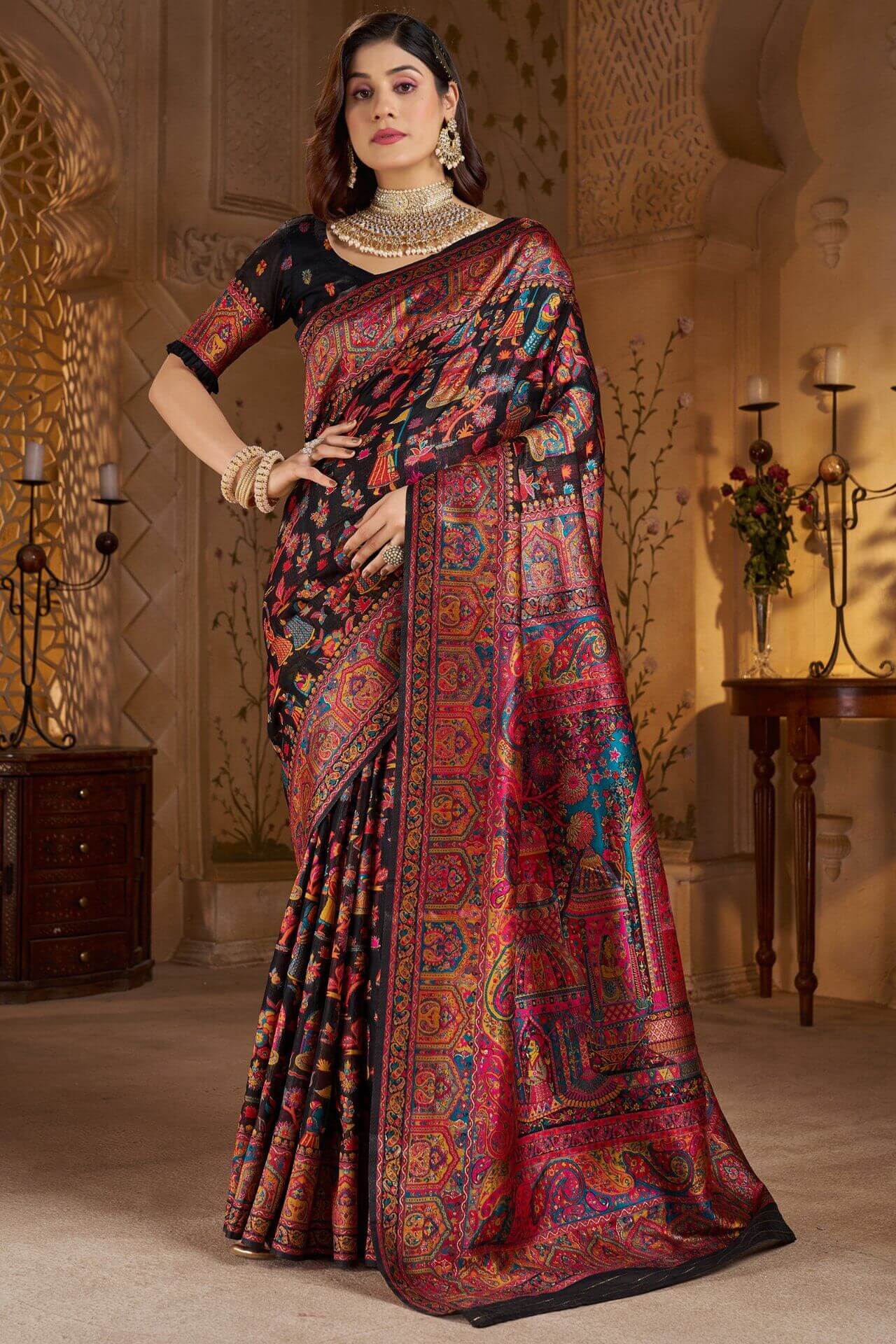 Snazzy Black Pashmina Saree With Stunner Blouse Piece