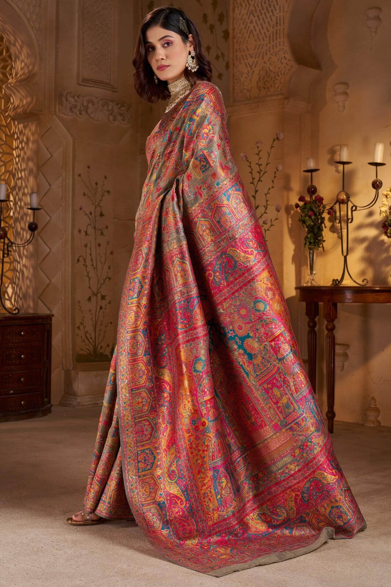 Ideal Grey Pashmina Saree With Super classy Blouse Piece