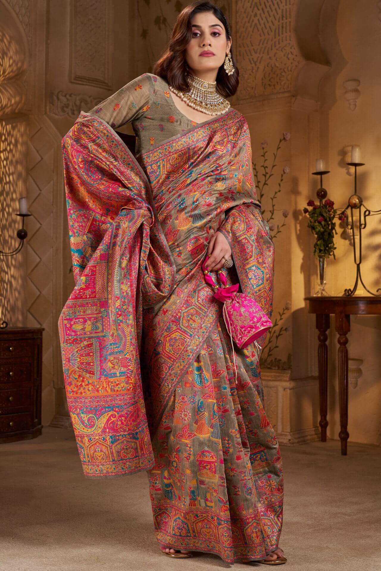 Ideal Grey Pashmina Saree With Super classy Blouse Piece