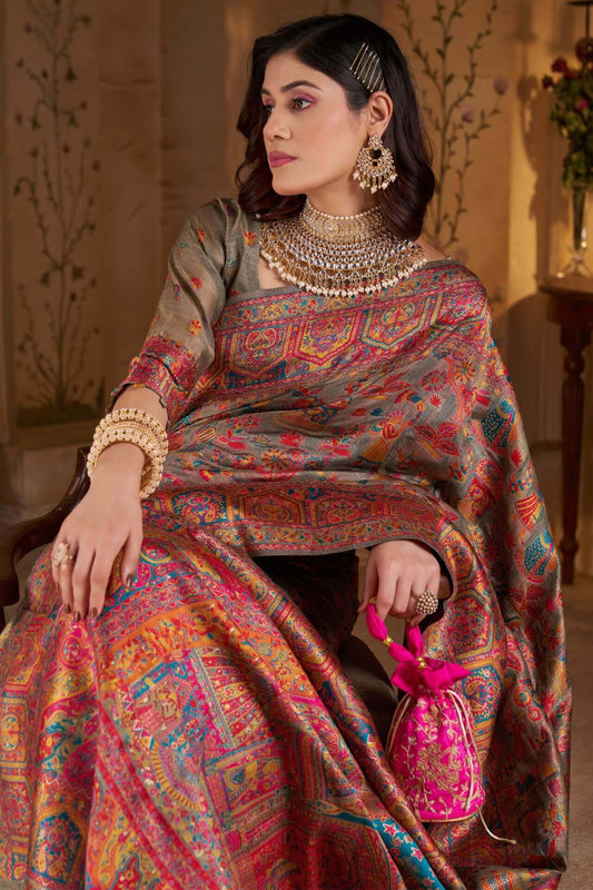 Ideal Grey Pashmina Saree With Super classy Blouse Piece