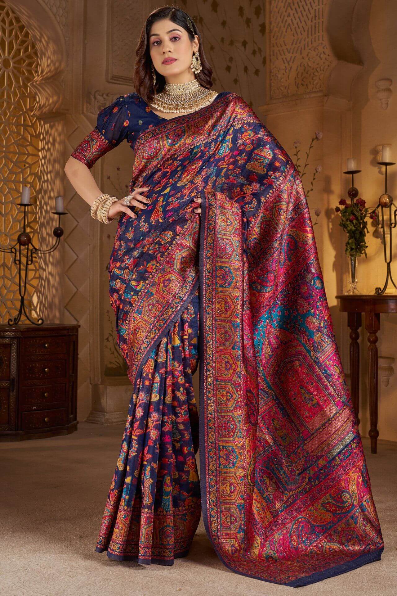 Glamorous Navy Blue Pashmina Saree With Moiety Blouse Piece