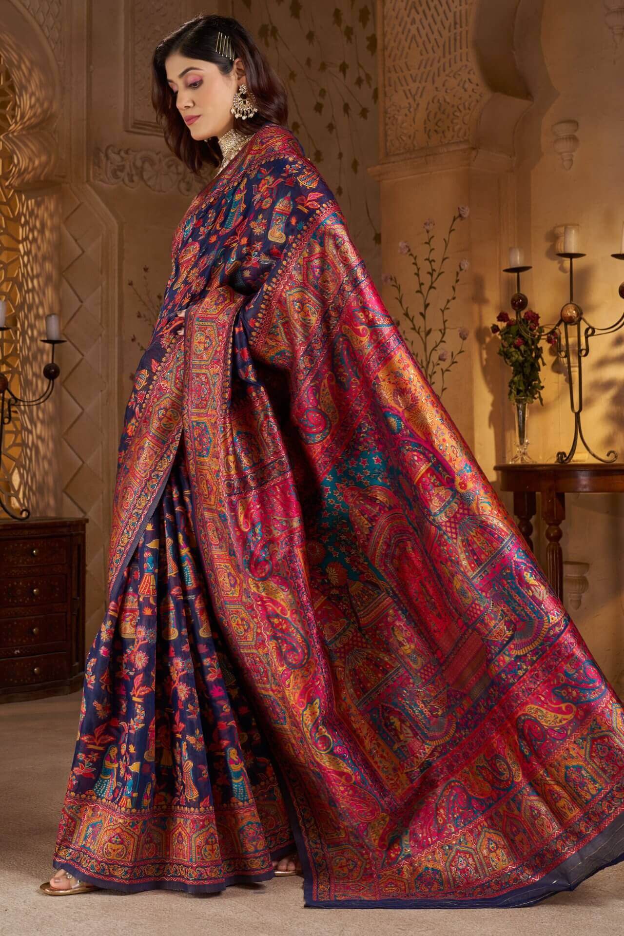 Glamorous Navy Blue Pashmina Saree With Moiety Blouse Piece