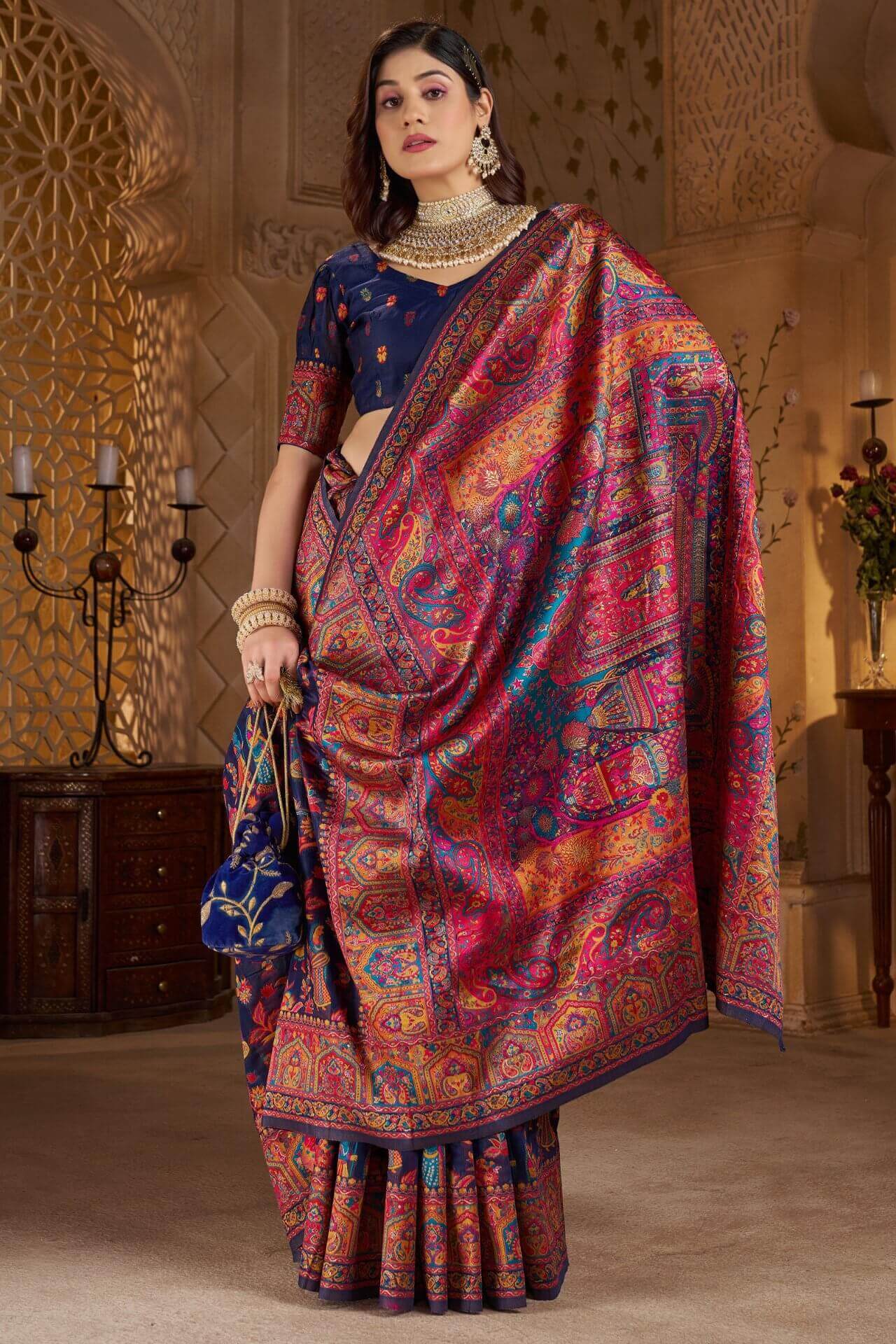 Glamorous Navy Blue Pashmina Saree With Moiety Blouse Piece