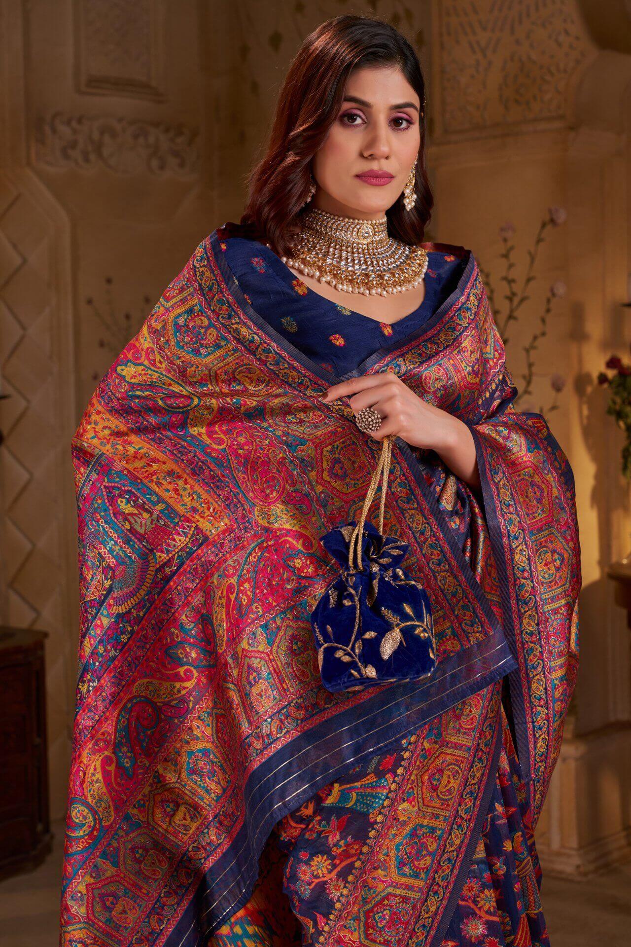 Glamorous Navy Blue Pashmina Saree With Moiety Blouse Piece