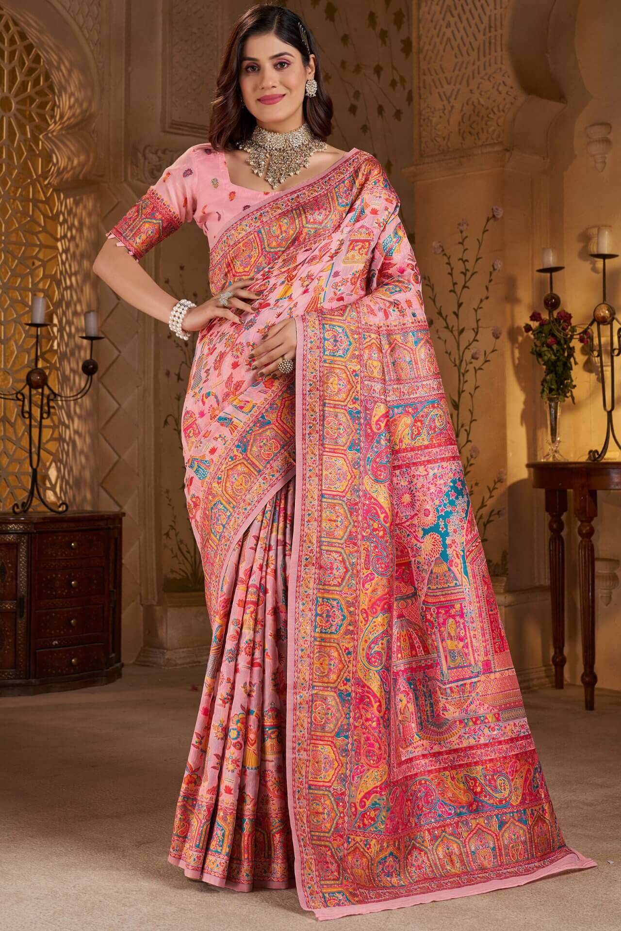 Bucolic Pink Pashmina Saree With Fragrant Blouse Piece