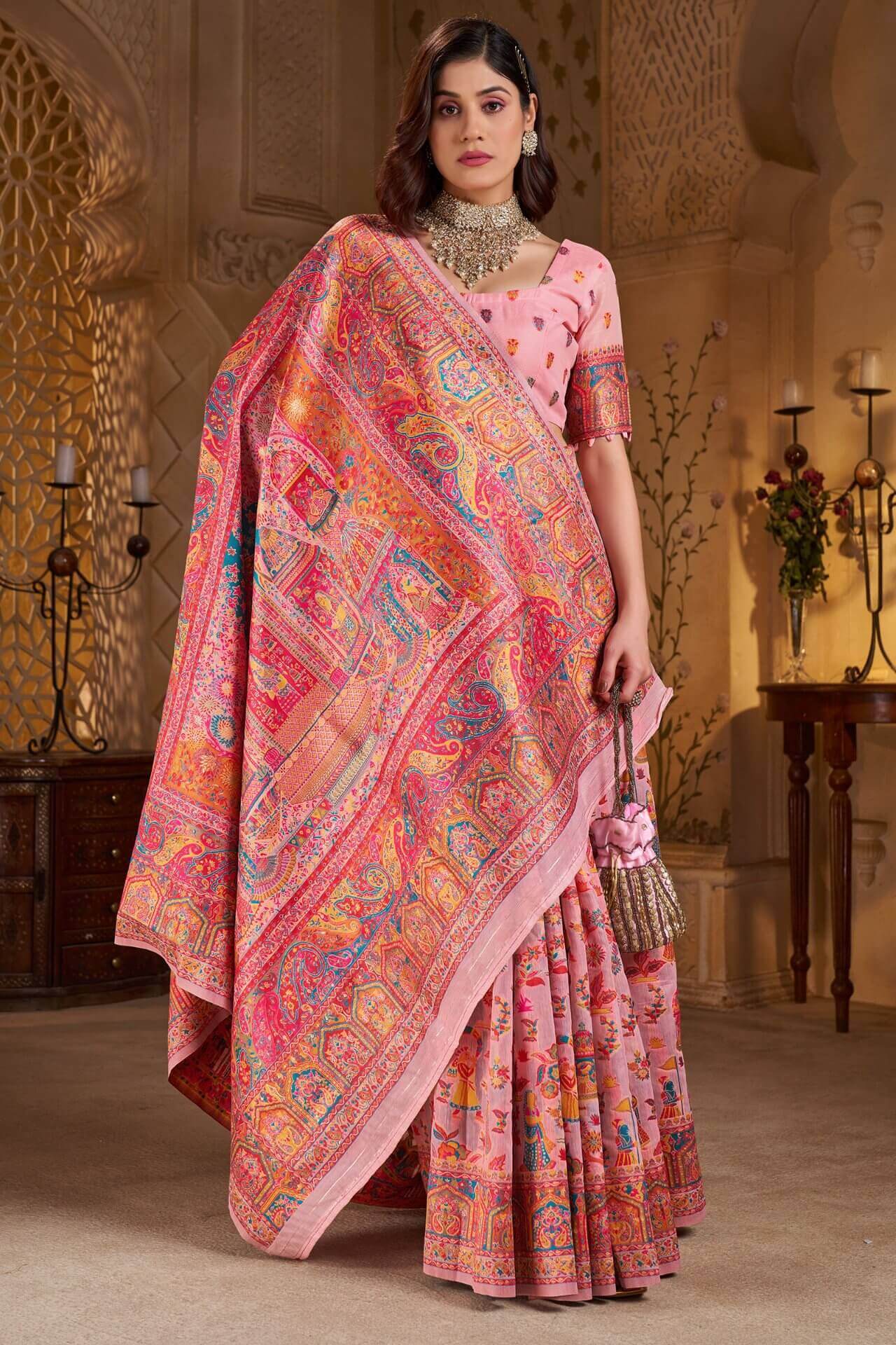 Bucolic Pink Pashmina Saree With Fragrant Blouse Piece