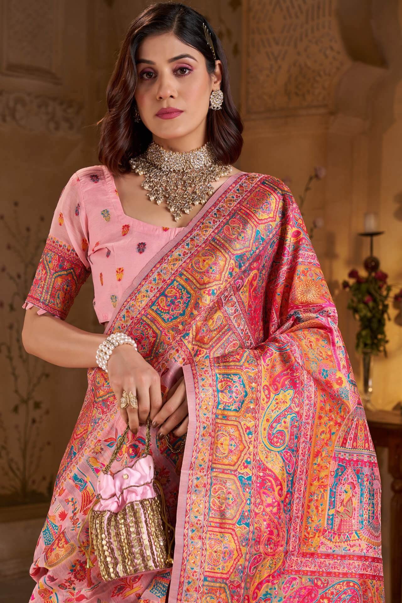 Bucolic Pink Pashmina Saree With Fragrant Blouse Piece