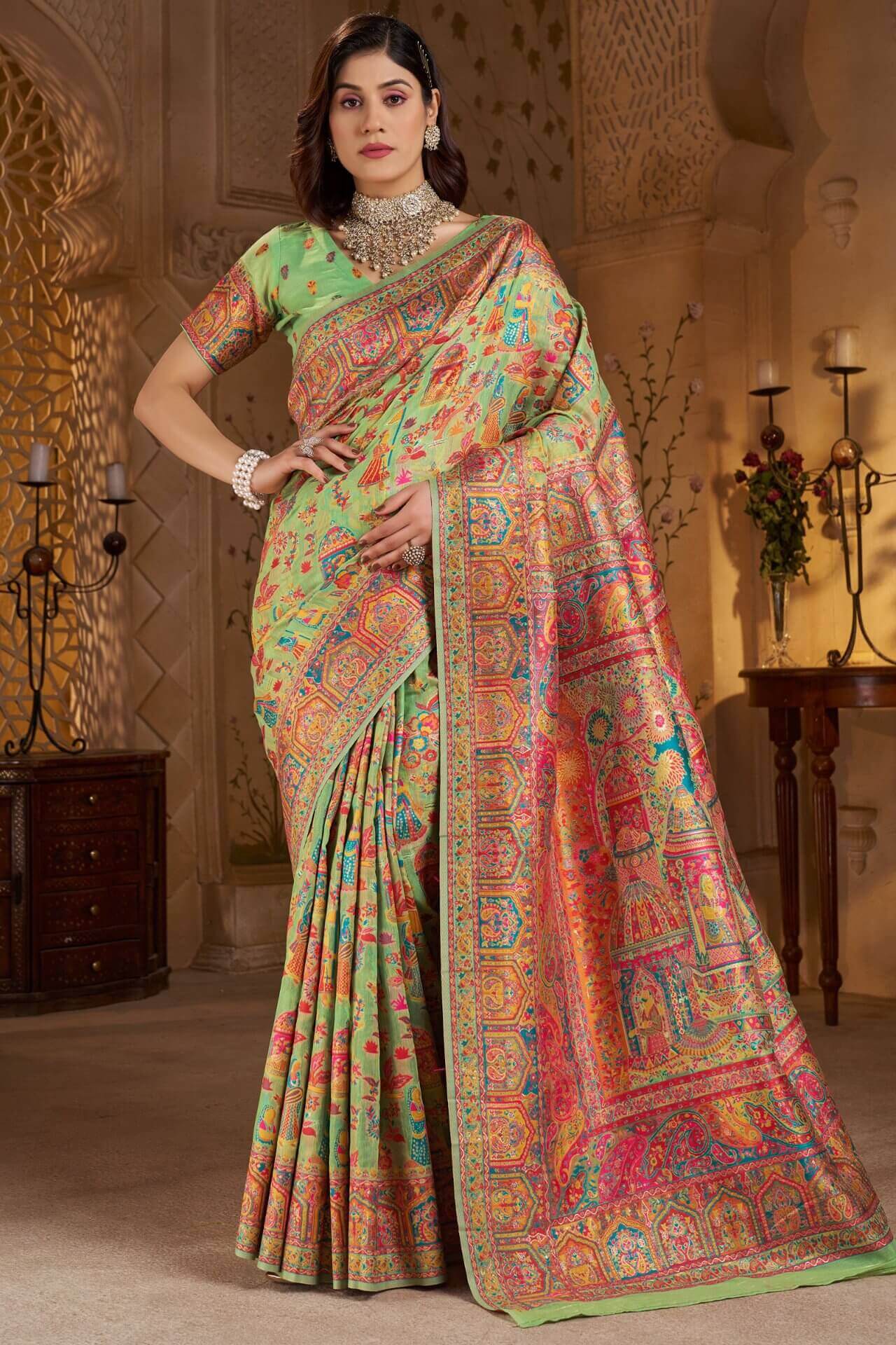 Nemesis Pista Pashmina Saree With Elaborate Blouse Piece
