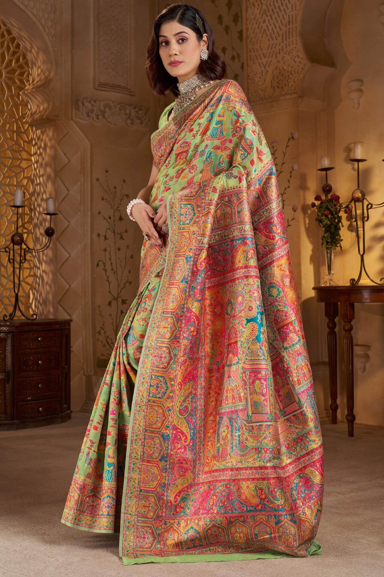 Nemesis Pista Pashmina Saree With Elaborate Blouse Piece
