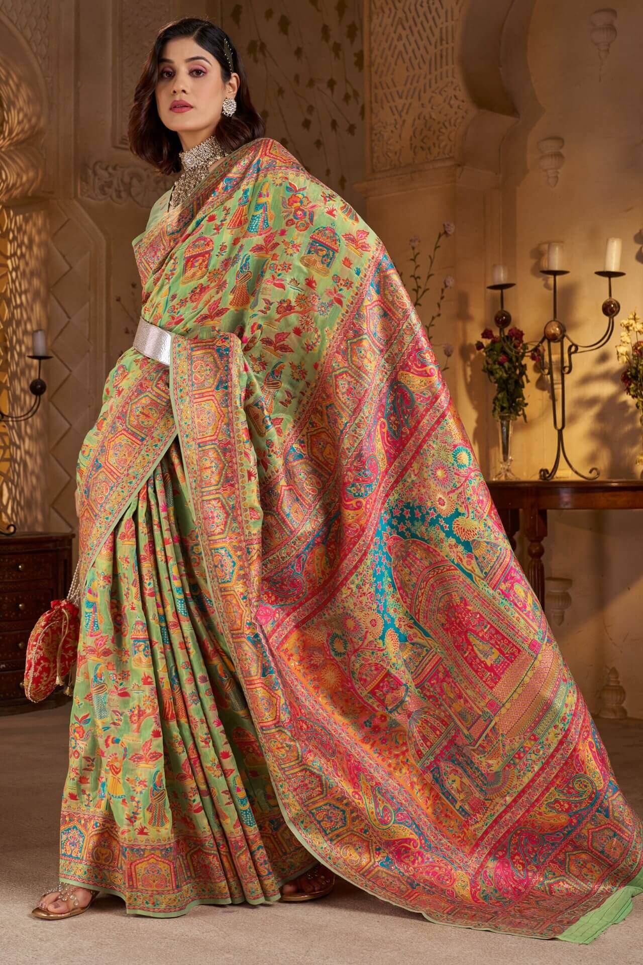 Nemesis Pista Pashmina Saree With Elaborate Blouse Piece