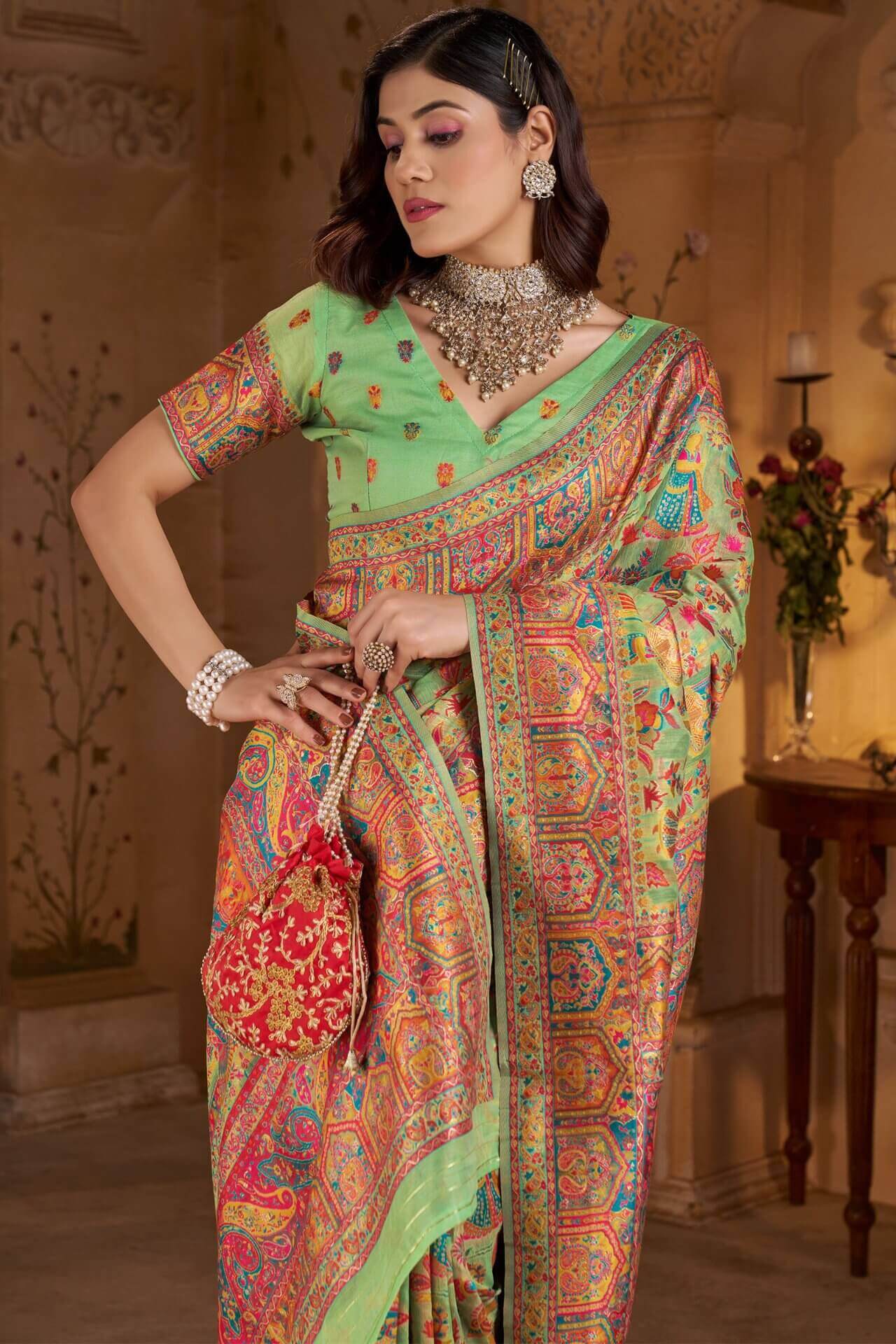 Nemesis Pista Pashmina Saree With Elaborate Blouse Piece