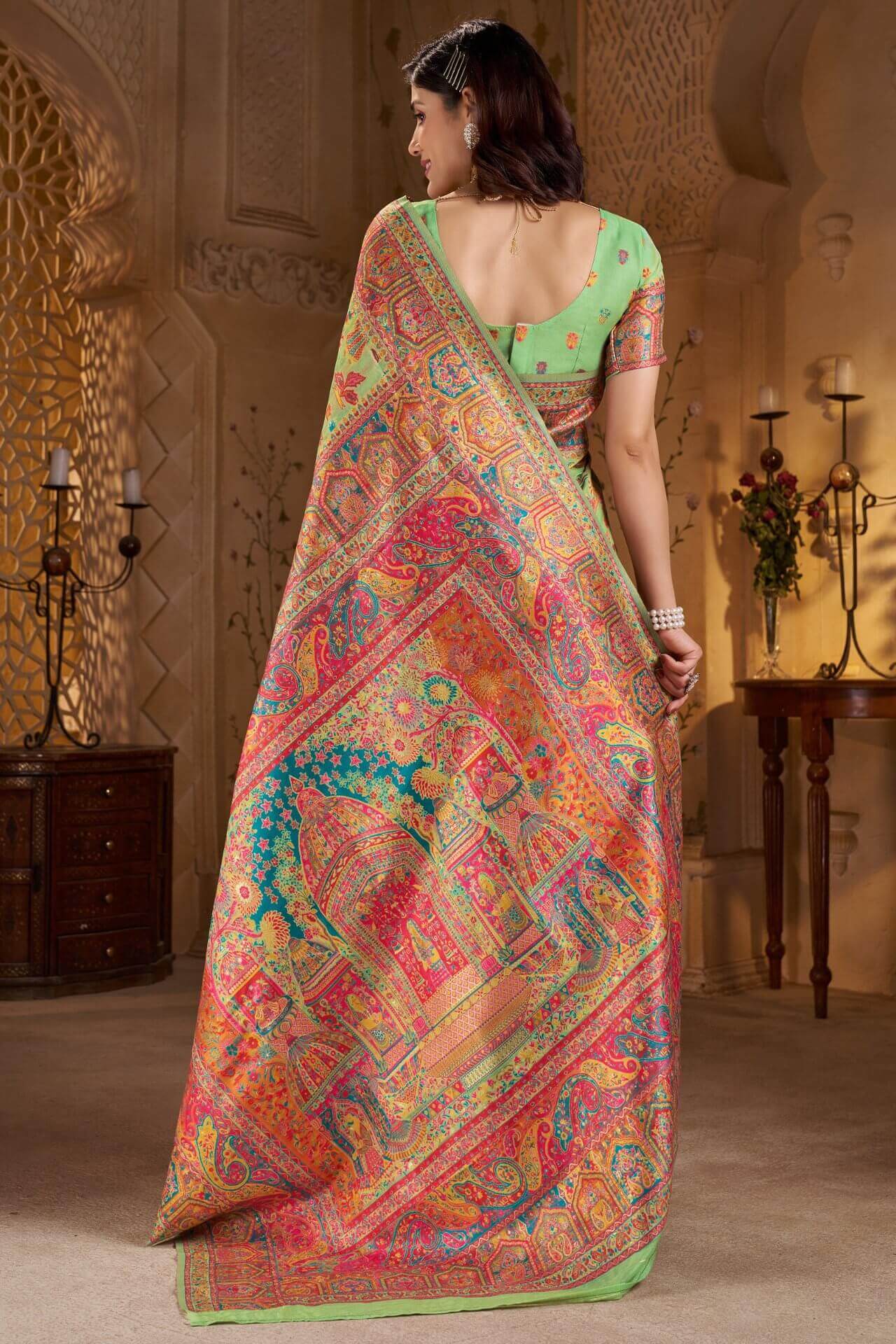 Nemesis Pista Pashmina Saree With Elaborate Blouse Piece