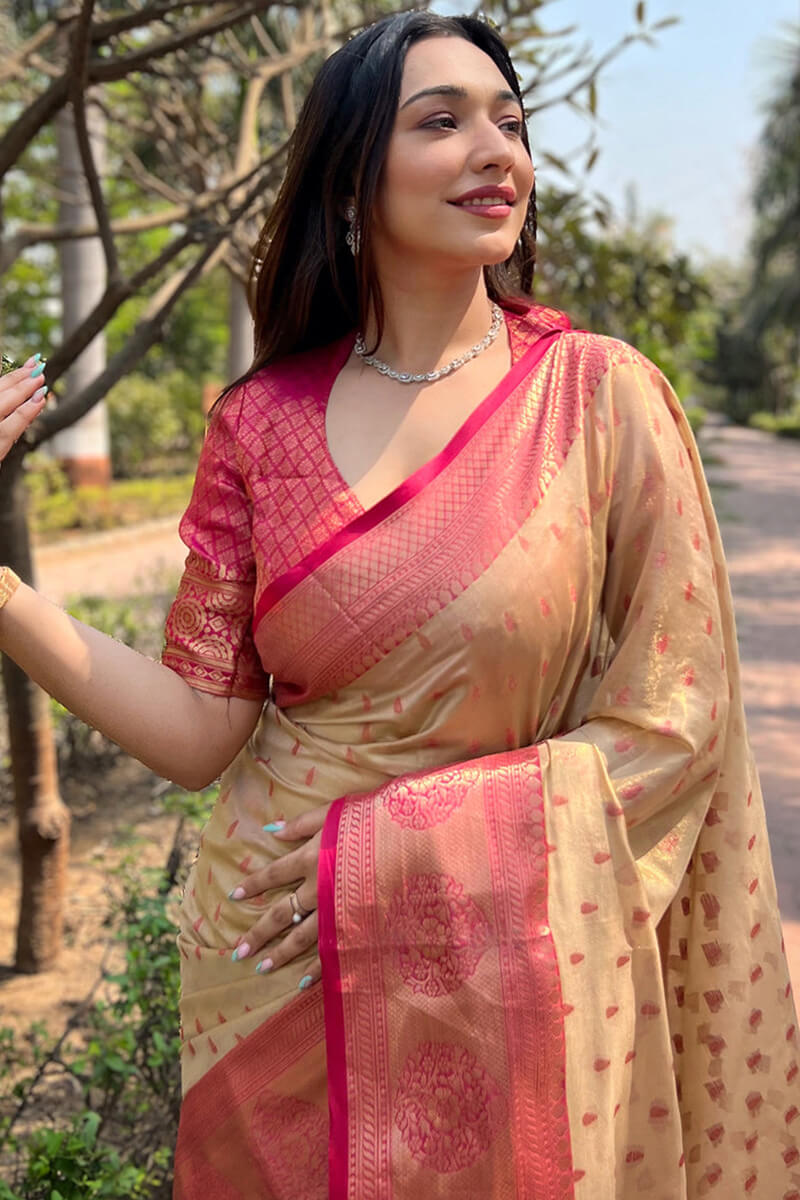 Enticing Beige Soft Banarasi Tissue Silk Saree With Palimpsest Blouse Piece