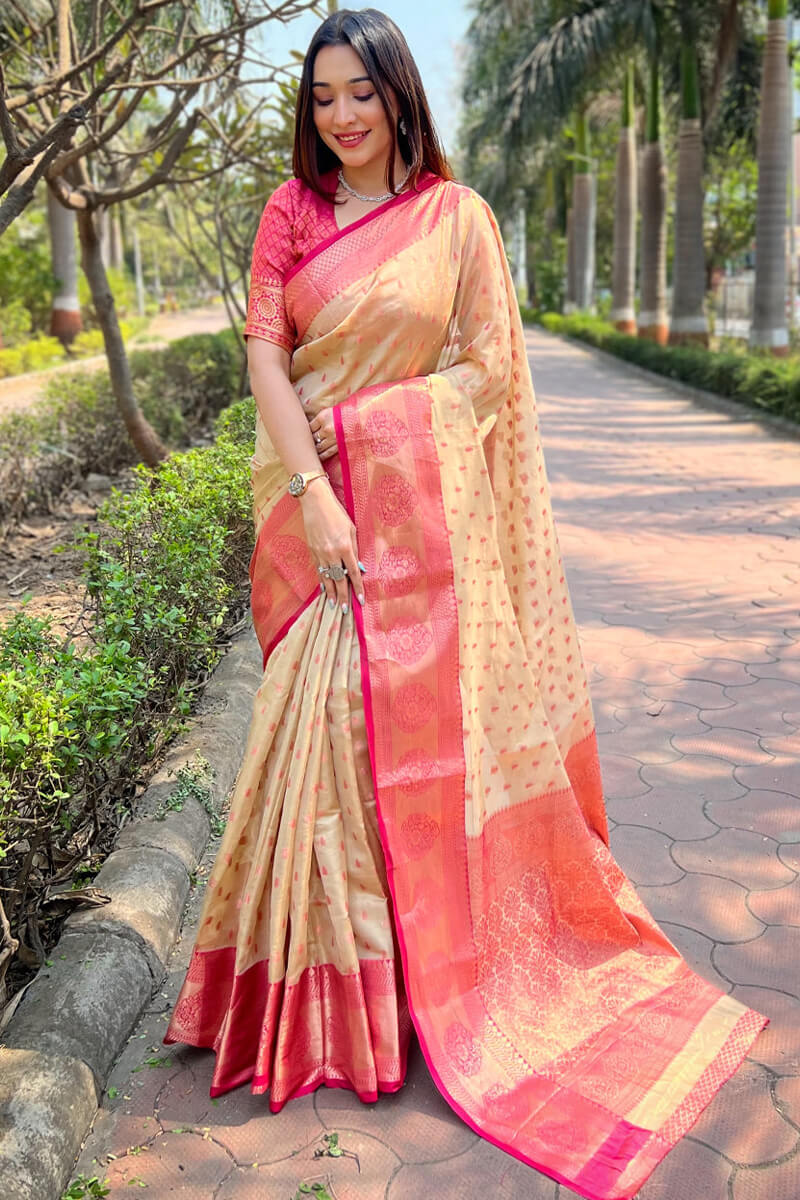 Enticing Beige Soft Banarasi Tissue Silk Saree With Palimpsest Blouse Piece