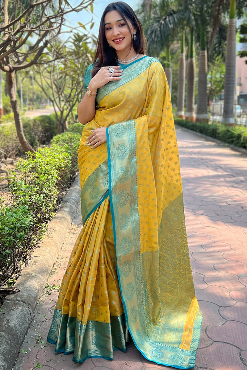 Epiphany Yellow Soft Banarasi Tissue Silk Saree With Diaphanous Blouse Piece