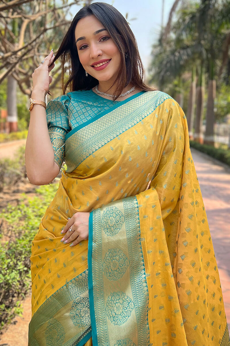 Epiphany Yellow Soft Banarasi Tissue Silk Saree With Diaphanous Blouse Piece