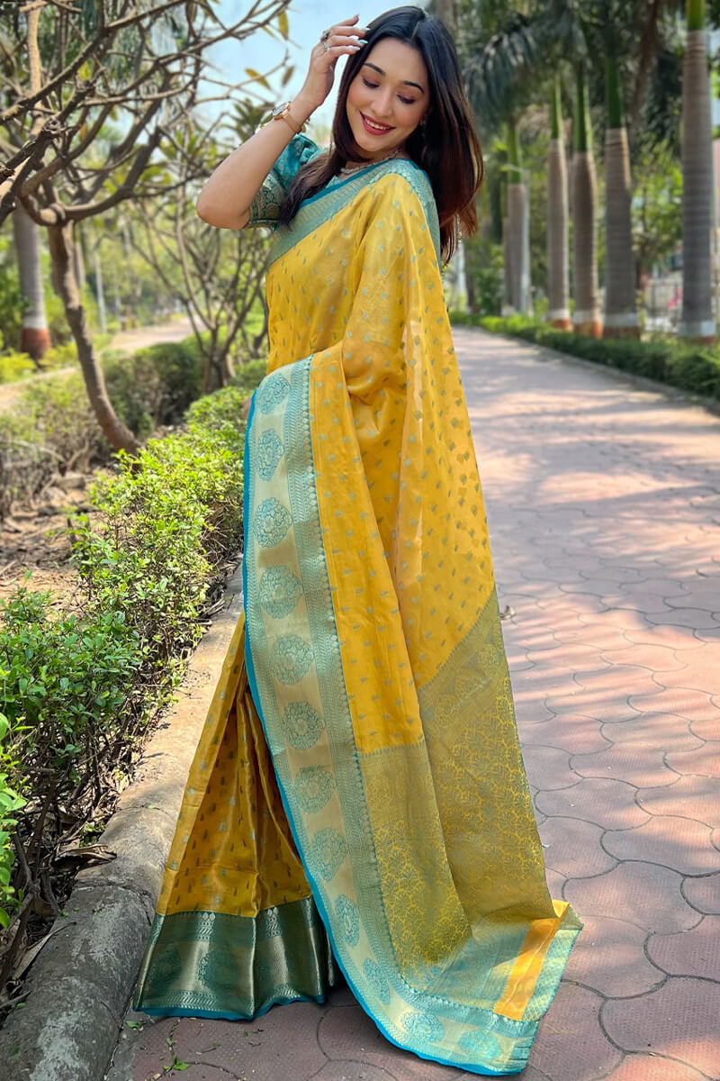Epiphany Yellow Soft Banarasi Tissue Silk Saree With Diaphanous Blouse Piece