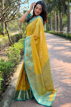 Epiphany Yellow Soft Banarasi Tissue Silk Saree With Diaphanous Blouse Piece