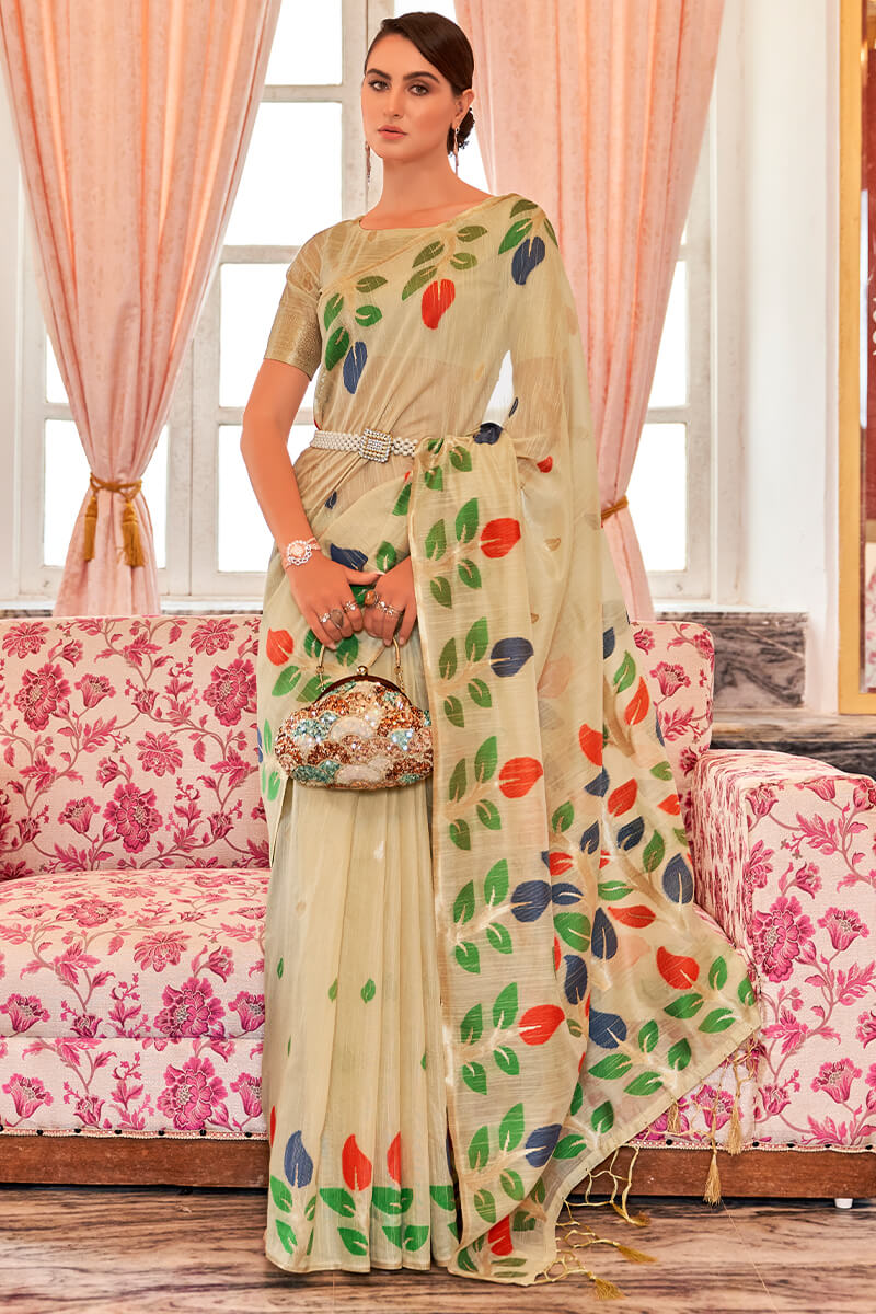 Opulent Beige Cotton Silk Saree With Petrichor Blouse Piece