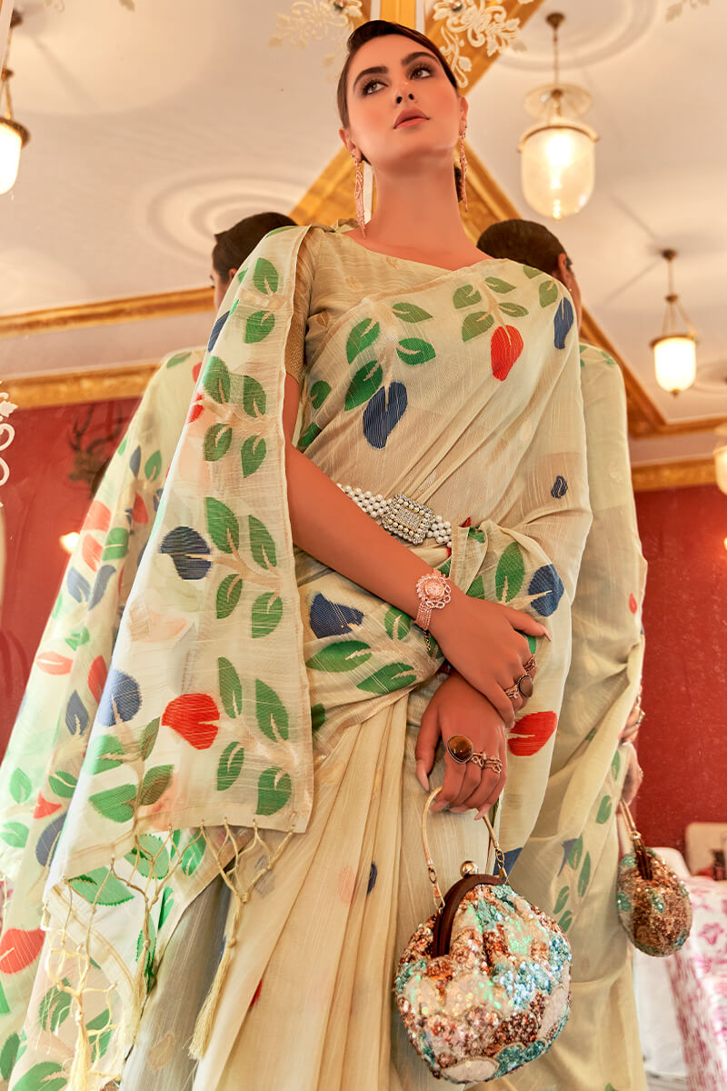 Opulent Beige Cotton Silk Saree With Petrichor Blouse Piece