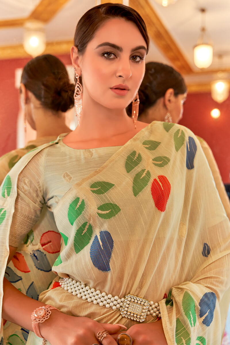 Opulent Beige Cotton Silk Saree With Petrichor Blouse Piece