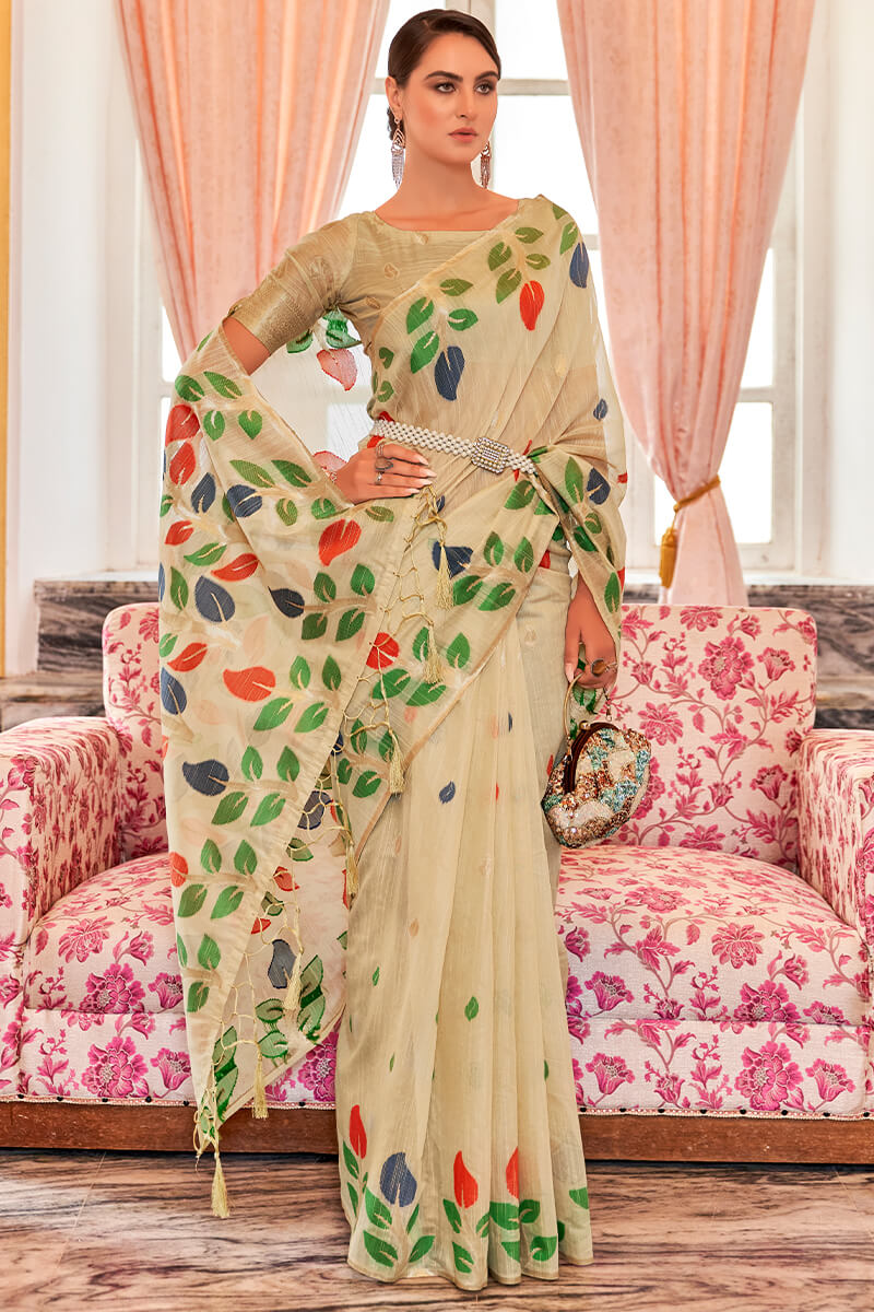 Opulent Beige Cotton Silk Saree With Petrichor Blouse Piece