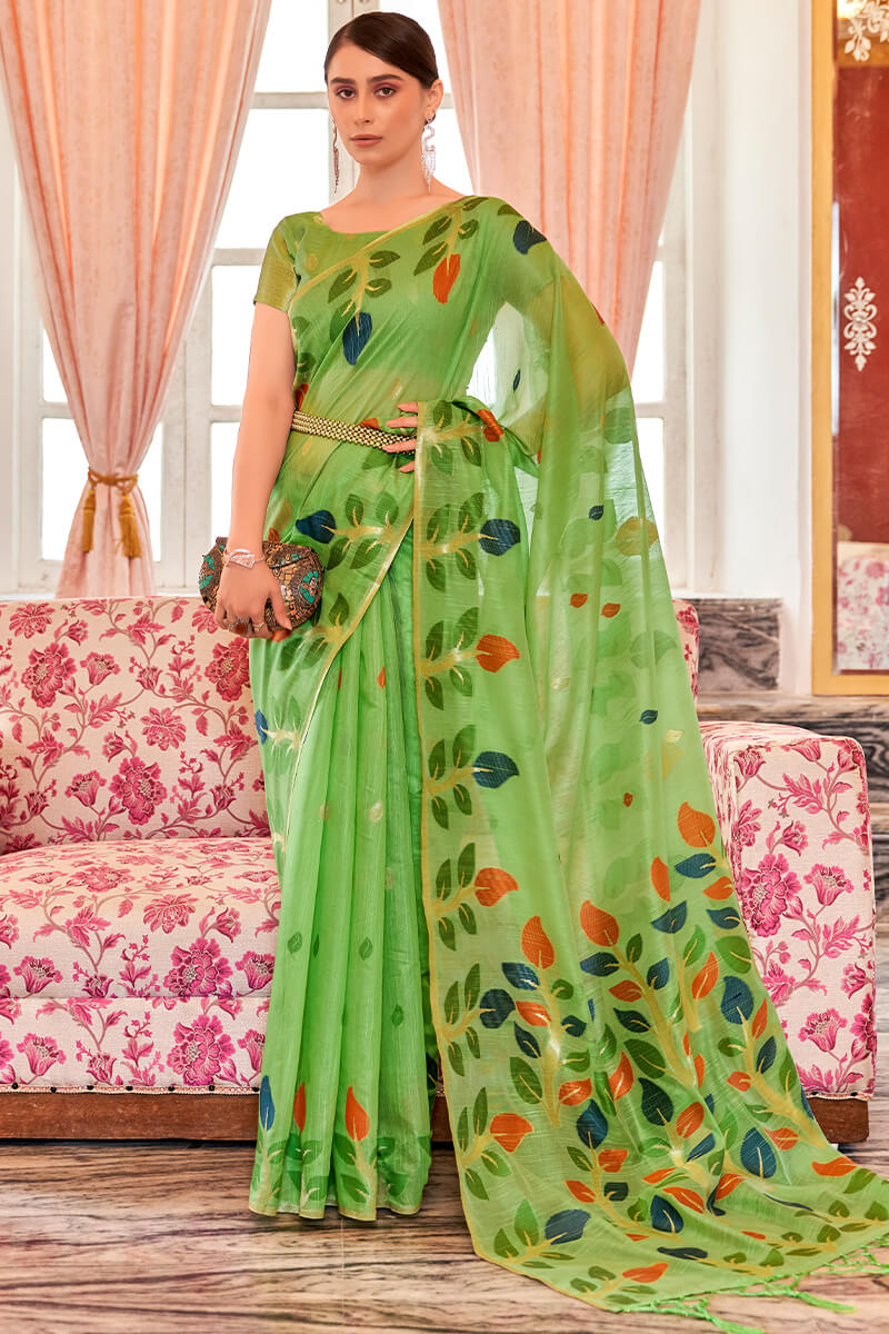 Energetic Green Cotton Silk Saree With Rhapsodic Blouse Piece