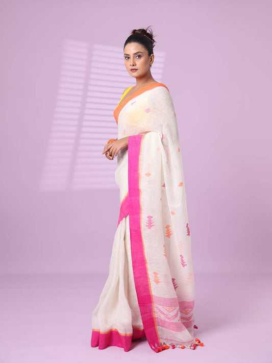 Chatoyant Off White Handloom Cotton Silk Saree With Palimpsest Blouse Piece