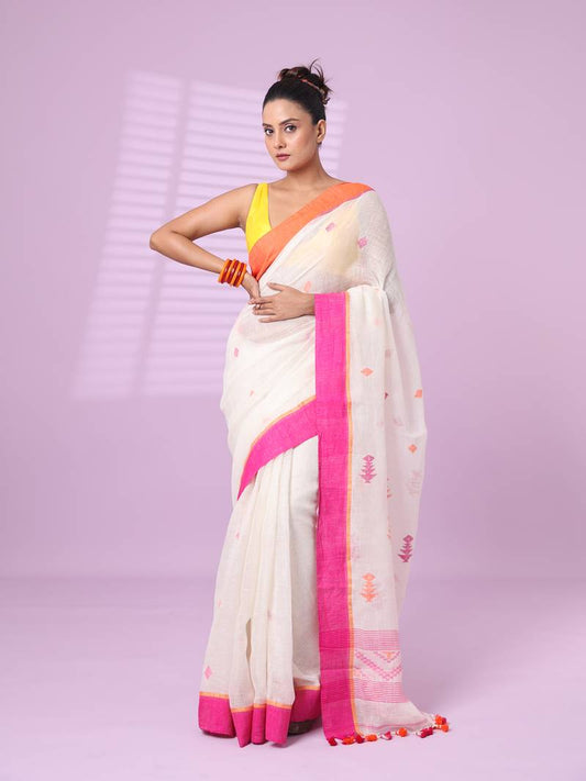 Chatoyant Off White Handloom Cotton Silk Saree With Palimpsest Blouse Piece