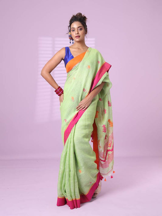 Ailurophile Pista Handloom Cotton Silk Saree With Innovative Blouse Piece