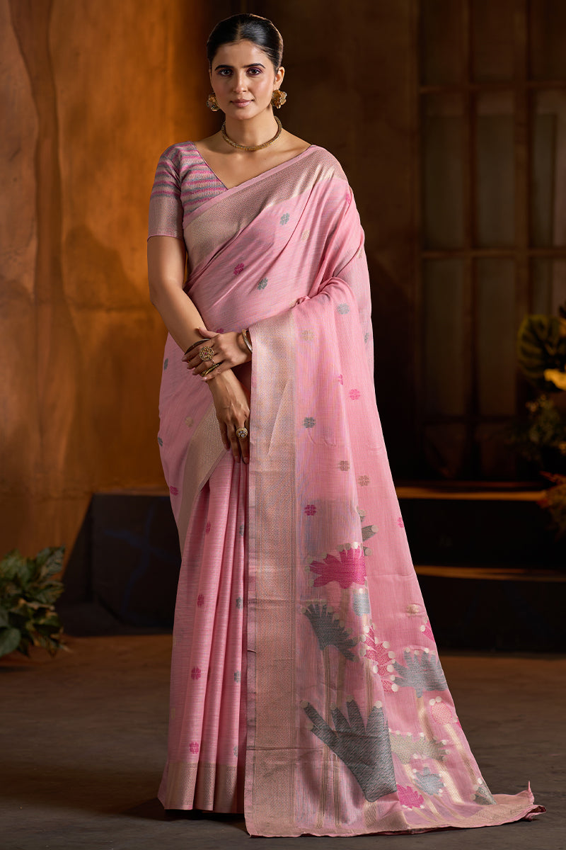 Dalliance Baby Pink Cotton Silk Saree With Conflate Blouse Piece