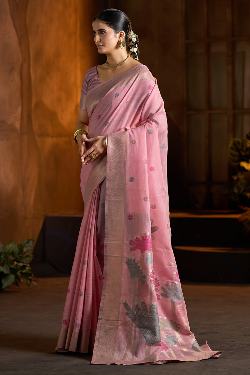 Dalliance Baby Pink Cotton Silk Saree With Conflate Blouse Piece