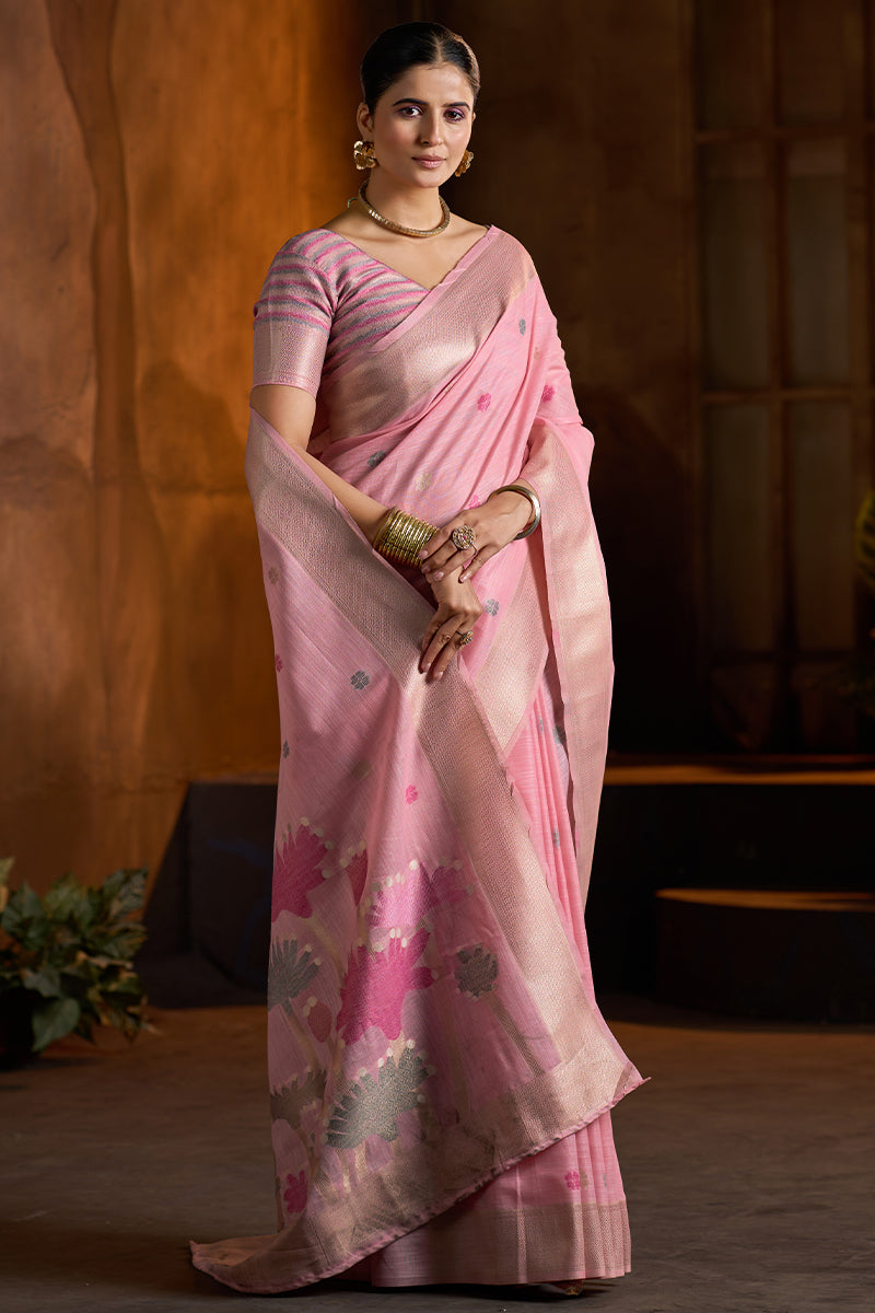 Dalliance Baby Pink Cotton Silk Saree With Conflate Blouse Piece