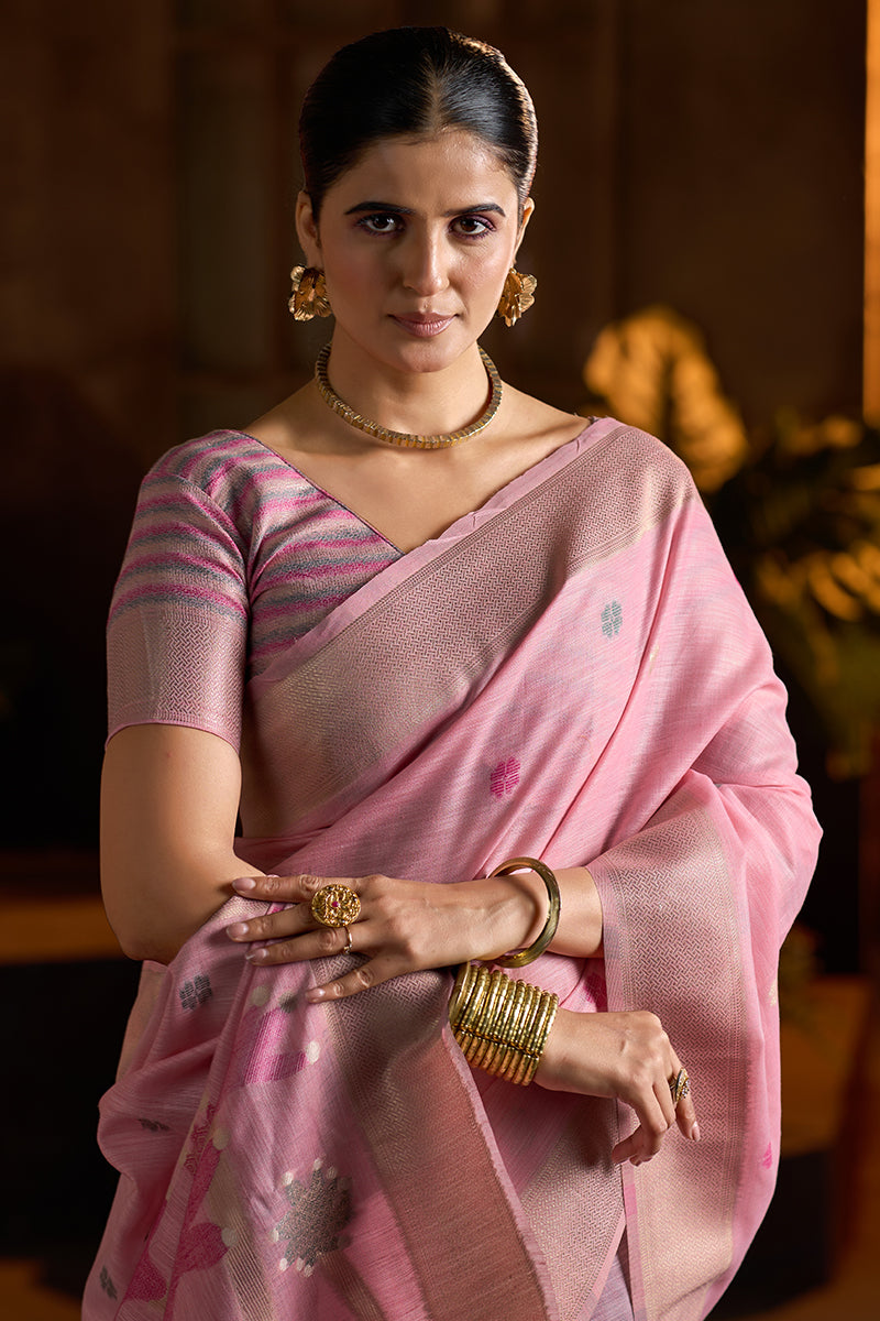 Dalliance Baby Pink Cotton Silk Saree With Conflate Blouse Piece