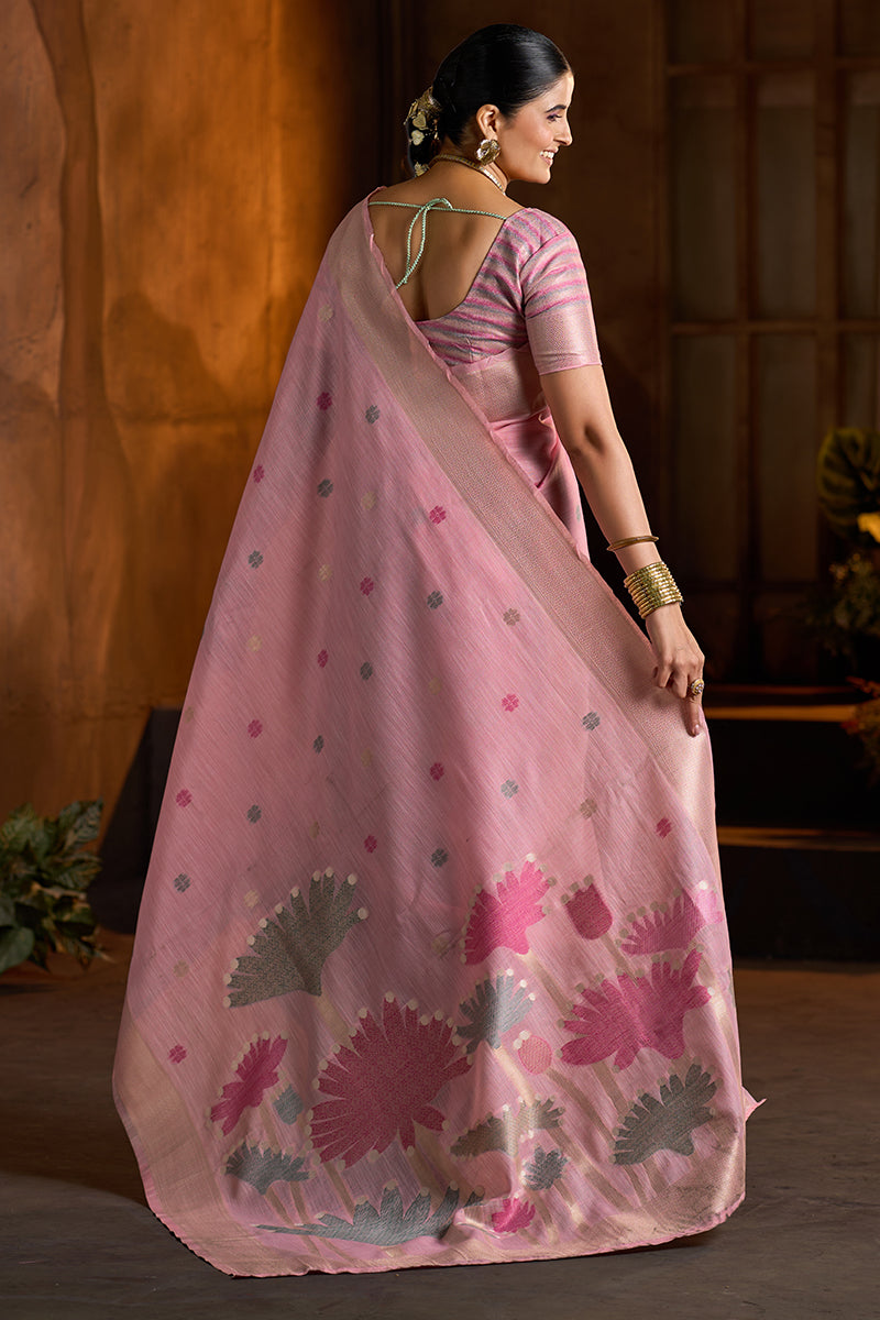 Dalliance Baby Pink Cotton Silk Saree With Conflate Blouse Piece