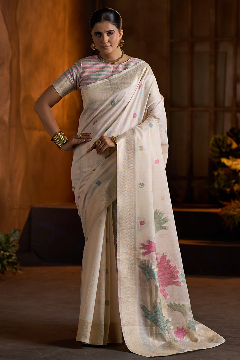 Comely Beige Cotton Silk Saree With Brood Blouse Piece