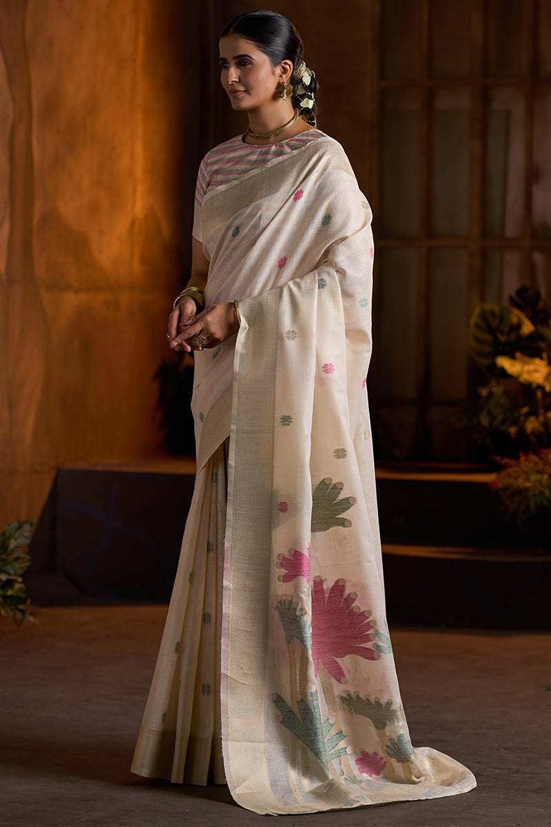 Comely Beige Cotton Silk Saree With Brood Blouse Piece