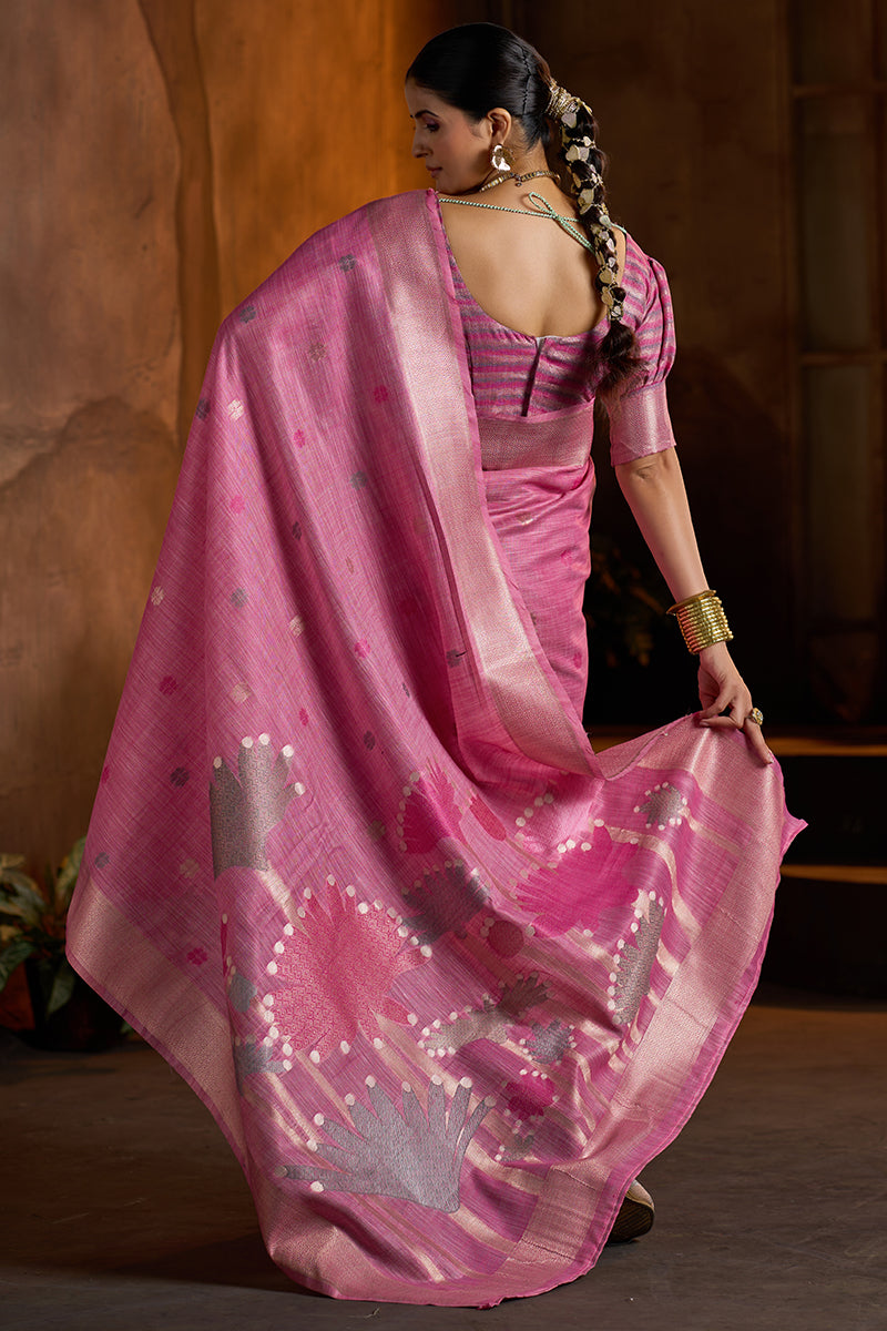 Glamorous Dark Pink Cotton Silk Saree With Lustrous Blouse Piece