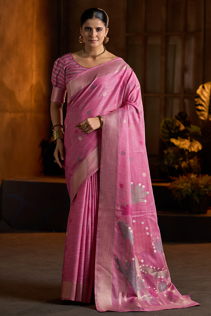 Glamorous Dark Pink Cotton Silk Saree With Lustrous Blouse Piece